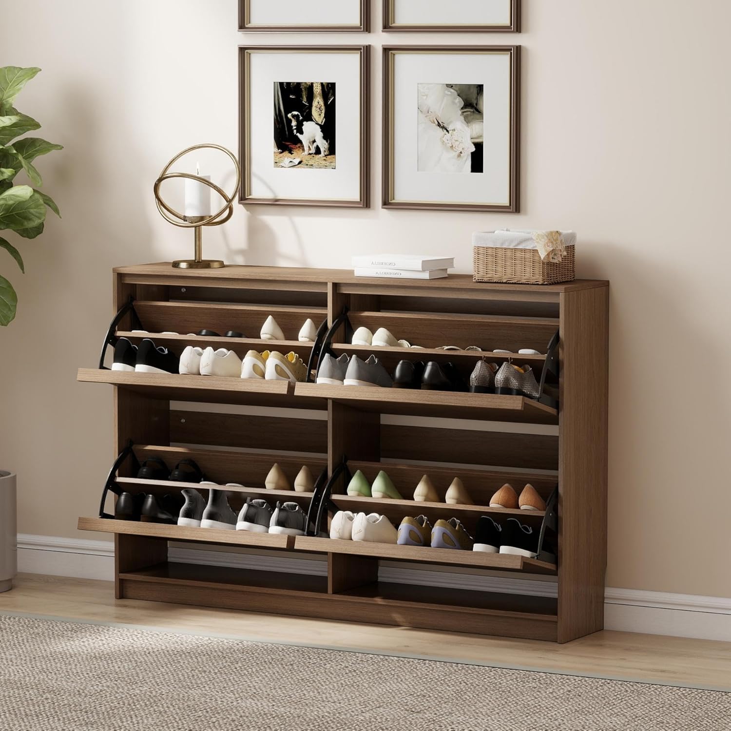 Shoe Storage Cabinet for Entryway with 4 Flip Drawers, Wooden Shoe Organizer Cabinet with Adjustable Shelf, Slim Freestanding Shoe Rack for Entryway, Hallway, Living Room, Walnut