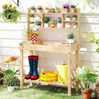 HAPPYGRILL Potting Bench Table, 60” Wood Garden Work Bench Workstation with Storage, Flip-Up Tabletop, Shelves & Hanging Hooks, Outdoor Garden Table for Patio, Lawn & Porch