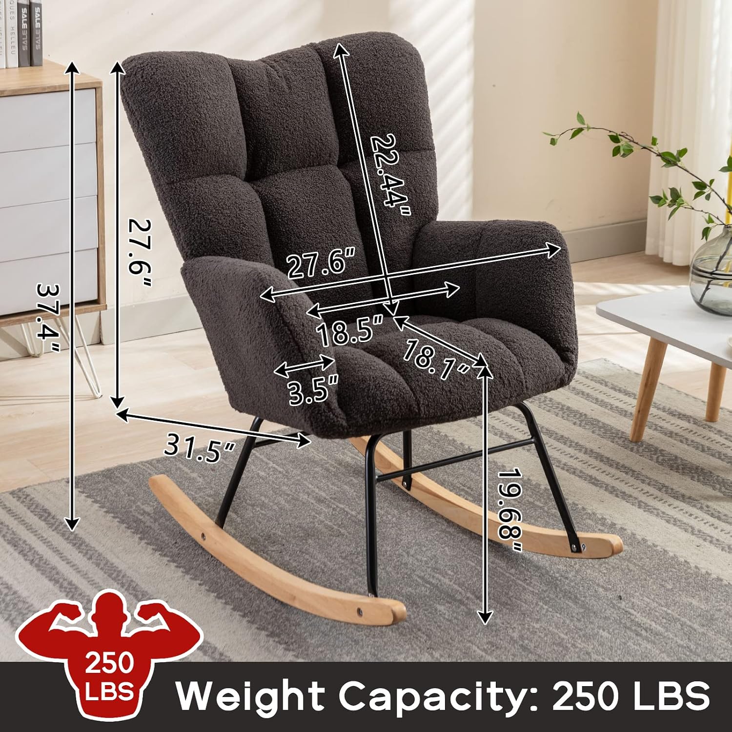 Modern Nursery Rocking Chair, Upholstered Glider Chair with High Backrest, Rocker Accent Armchair with Solid Wood Legs for Nursery Bedroom Living Room (Dark Grey Teddy)
