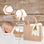 6 Pack Burlap Tote Bags with Handles Reusable Medium Jute Gift Bags with Light Beige Silk Ribbons Waterproof Lining for Wedding Bridesmaid Mother's Day Bachelorette Beach Party