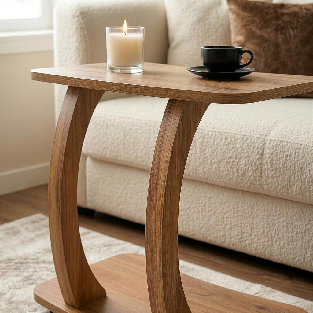 Modern C-Shaped Side Table, Curved Wood End Table for Couch, Sofa & Bed, Elegant TV Tray Table for Eating & Snacks, Space Saving Laptop Stand for Small Spaces, Unique Accent Furniture Piece