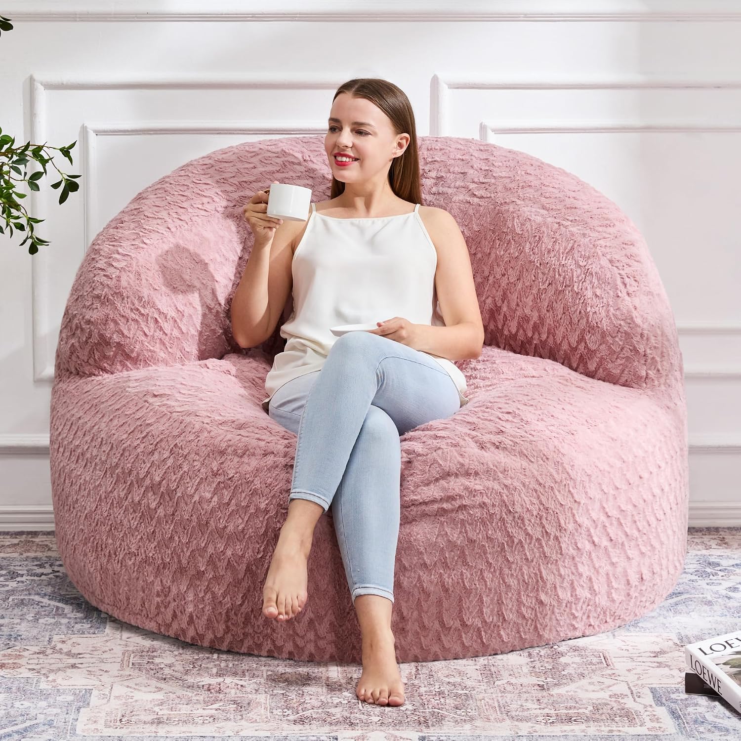 Hobestluk Bean Bag Chair Giant Bean Bag Chairs for Adults Big Bean Bag Chair with Memory Foam Filler Adults Large Beanbag with Faux Fur Cover for Bedroom (Chevron Pink,Oversize)