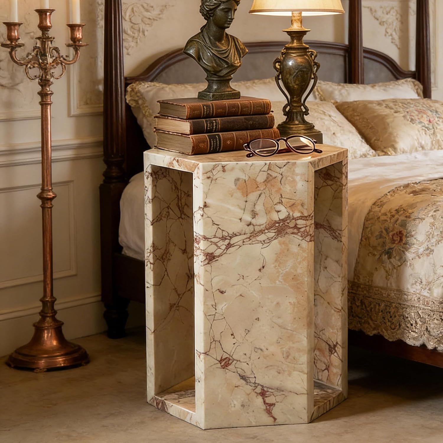 Modern Pink Natural Marble Side Table,Hexagon Accent Tables for Small Spaces,Luxury Real Marble End Table,Solid Stone Accent Tables Living Room,Nightstand
