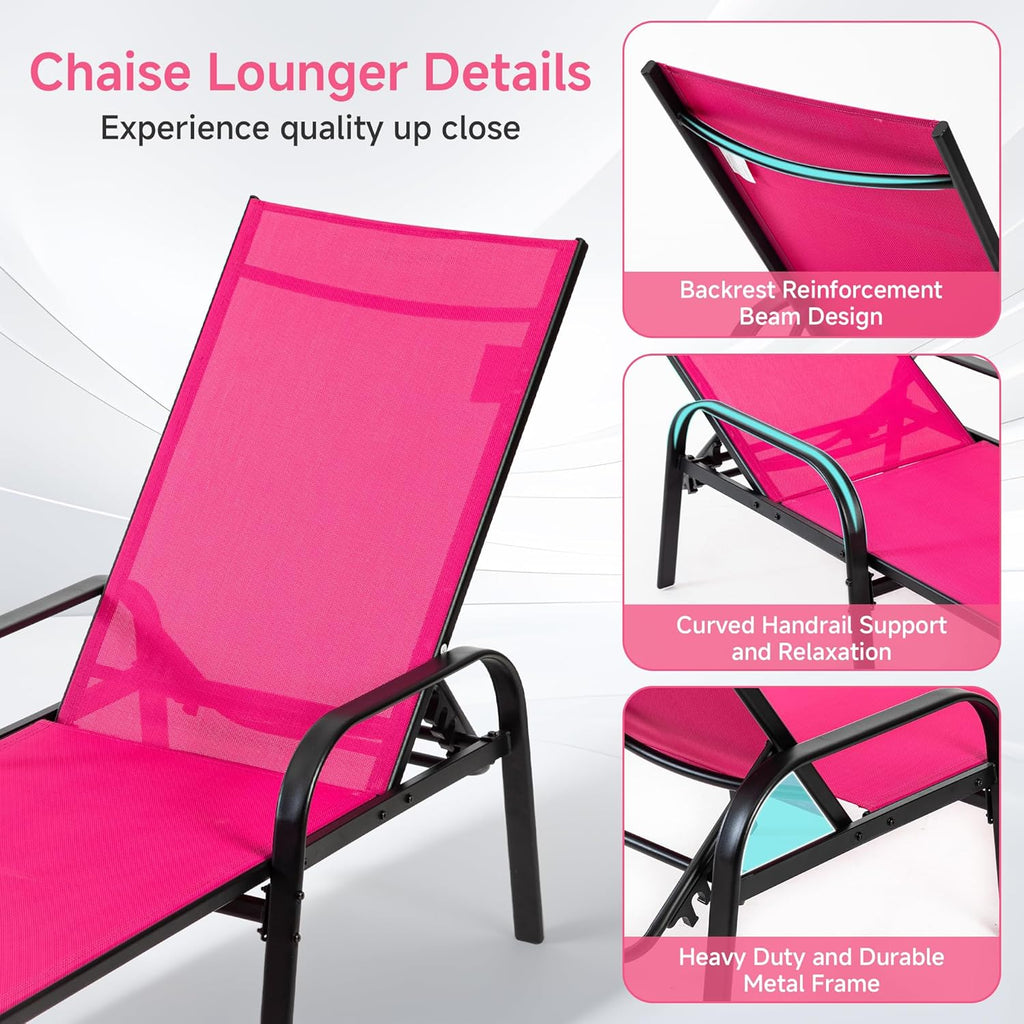 NEWBULIG Outdoor Lounge Chair for Pool,with 5-Position Recliner, 350 lbs Heavy Duty Patio Pool Chair, Outdoor Sun Chairs with Metal Frame for Backyard, Deck, Pink