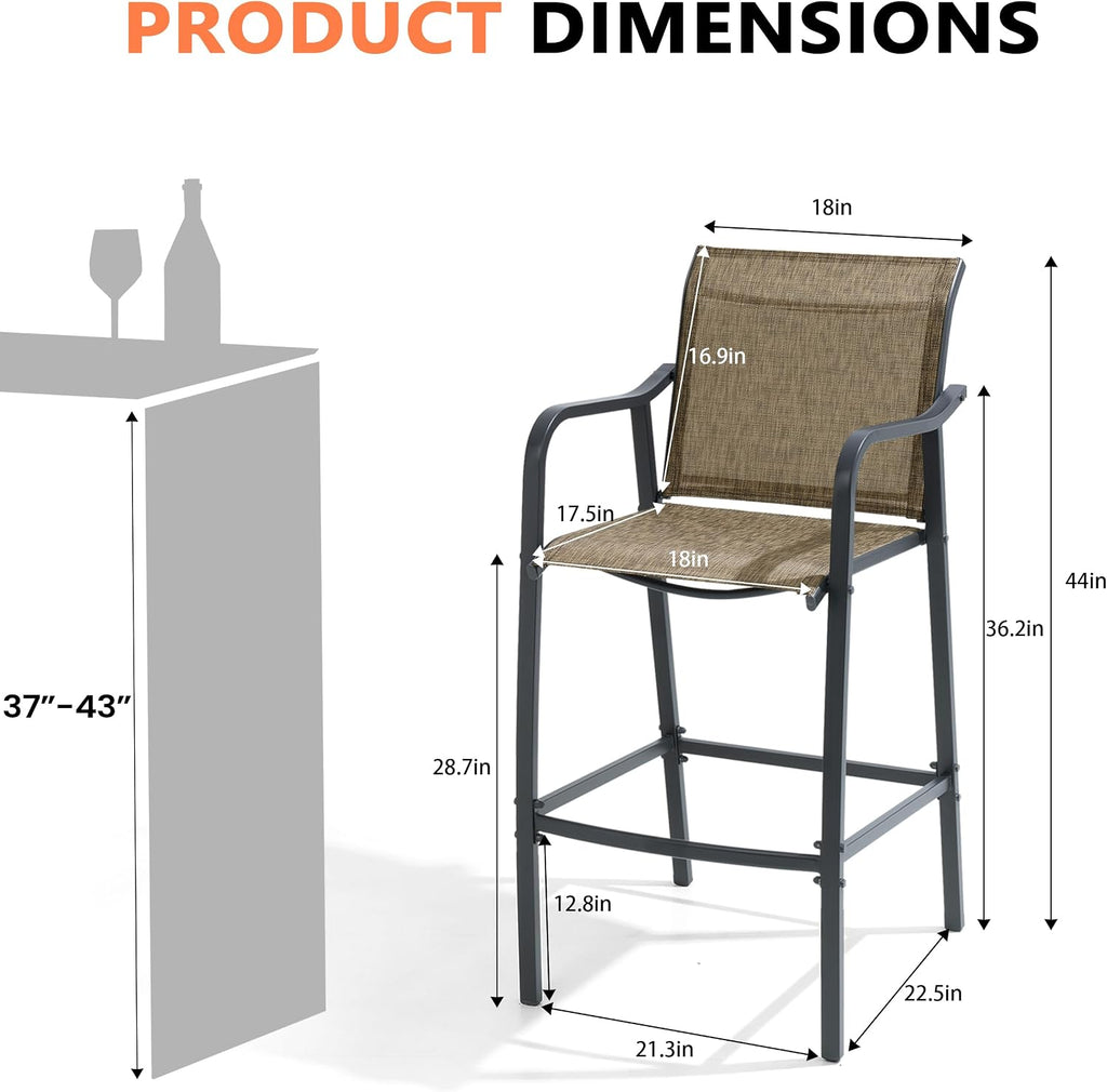 Pellebant 28.7" Outdoor Bar Stools Set of 2, Metal Patio Barstools with Back & Armrest, All-Weather Textilene Bar Height Chairs for Patio, Garden, Balcony, Brown