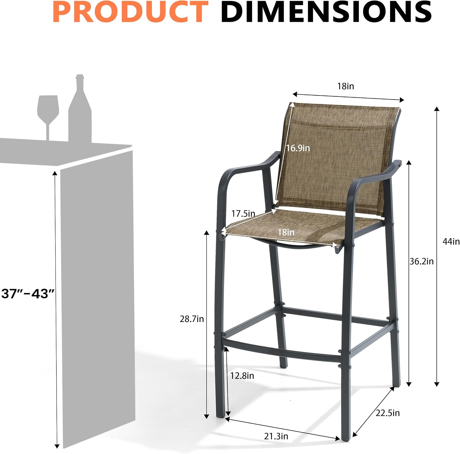 Pellebant 28.7" Outdoor Bar Stools Set of 2, Metal Patio Barstools with Back & Armrest, All-Weather Textilene Bar Height Chairs for Patio, Garden, Balcony, Brown