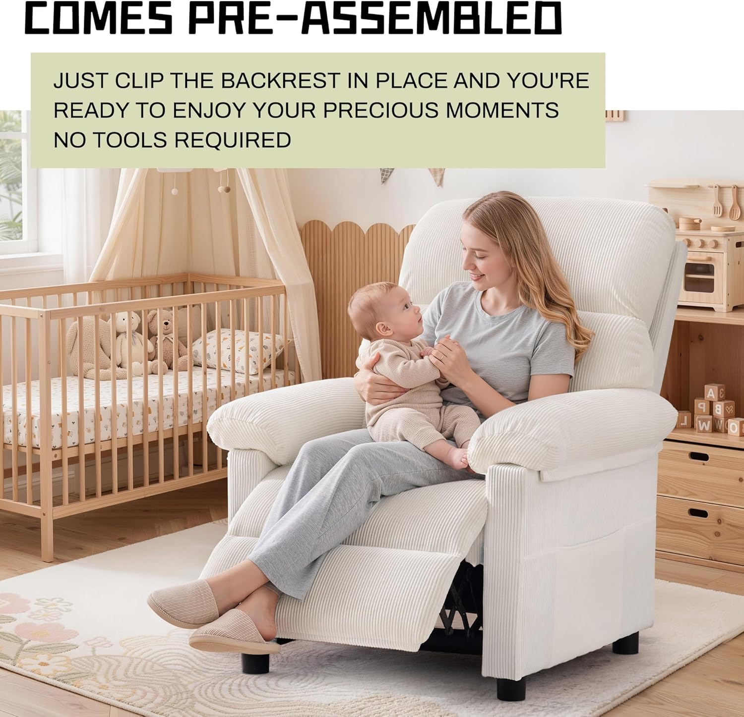 Korser Recliner Chair, Living Room Recliner Chairs for Adults, Small Recliners for Small Spaces, Upholstered Manual Reading Chair with Side Pockets, Nursery Chair for Living Room, Corduroy, Beige