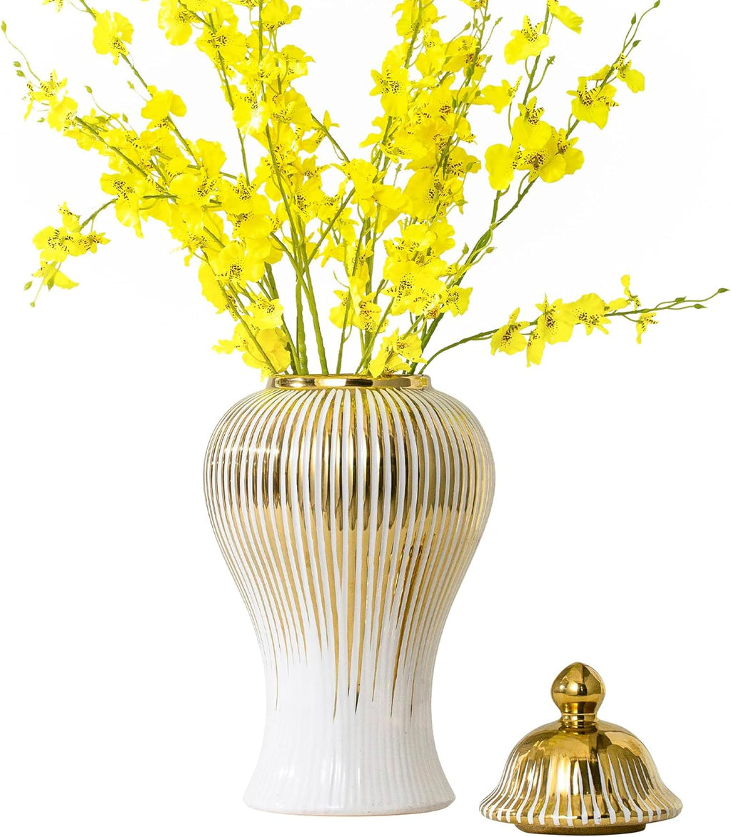 Ginger Jar, Decorative Porcelain Ginger jar with lid, White Gold Ceramic Vase for Decor Decor, Kitchen, Bookshelf Decor, Storage jar, Table Center Vase(12in)
