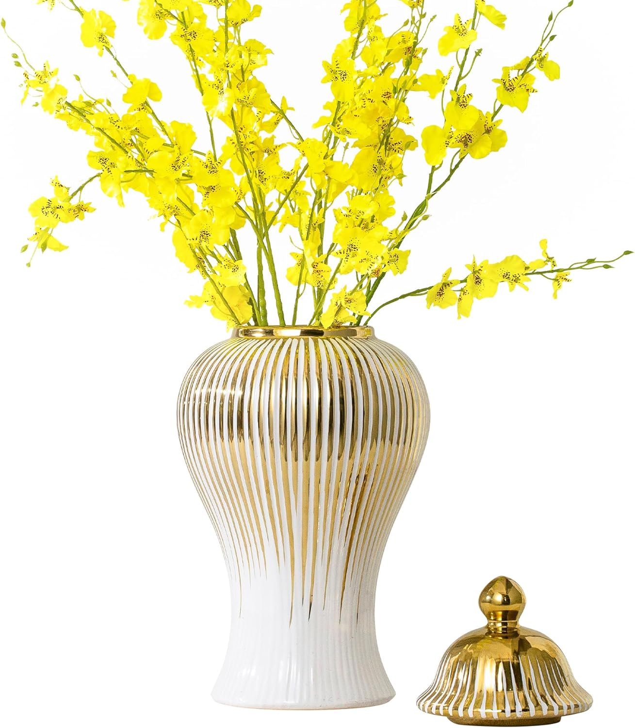 Ginger Jar, Decorative Porcelain Ginger jar with lid, White Gold Ceramic Vase for Decor Decor, Kitchen, Bookshelf Decor, Storage jar, Table Center Vase(12in)