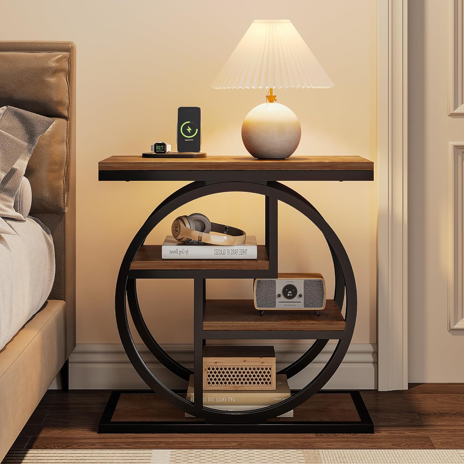 Tribesigns End Table for Living Room, 4-Tier Narrow Side Table with Storage Shelves, Industrial Bedside Table for Bedroom, Wood Small Sofa Side Table with Geometric Metal Frame (1 PC, Natural Brown)