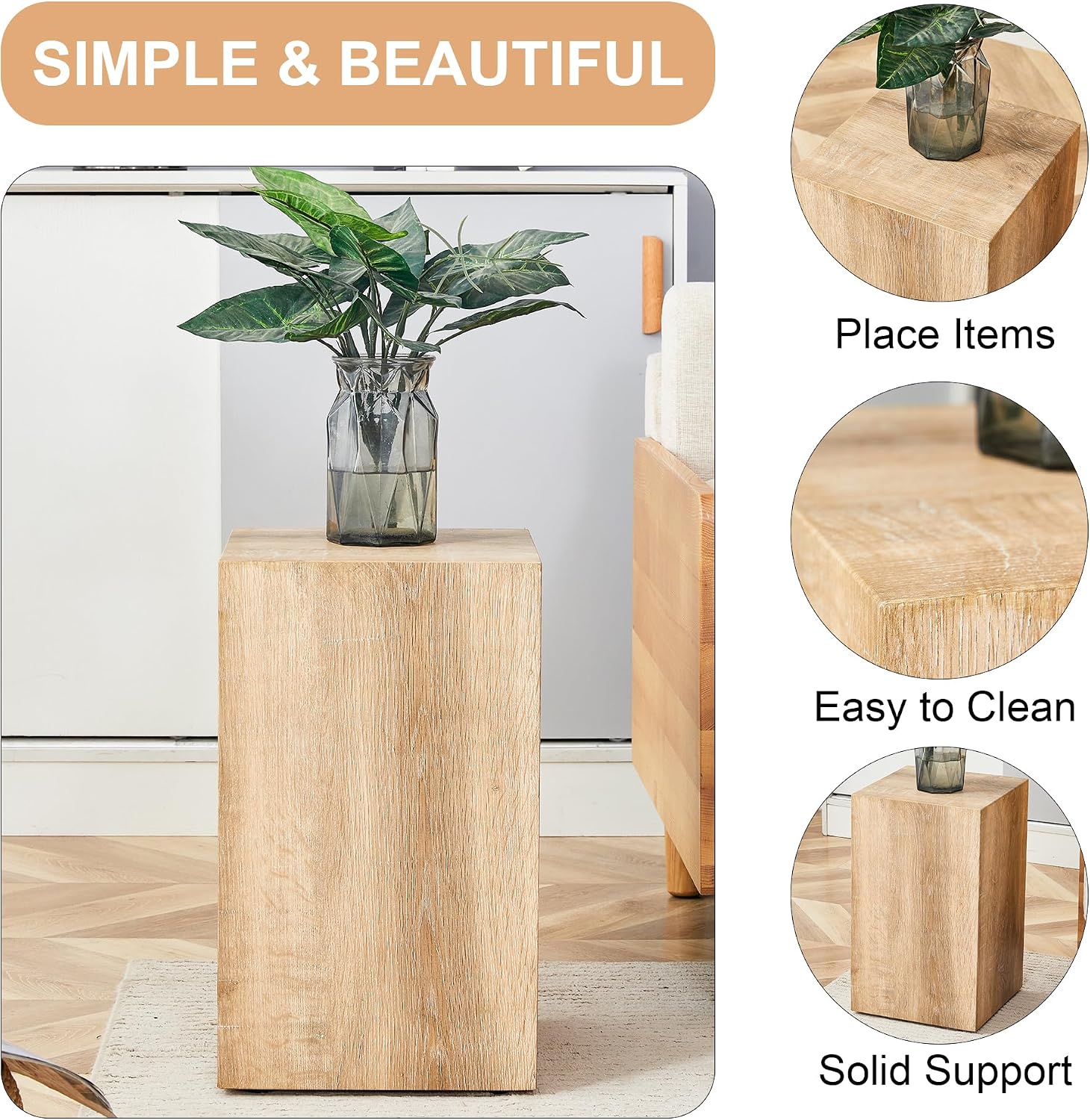 Natural Wood Marble Texture Side Table, MDF End Table, 11.8 x 11.8 x 19.6 Inch, Rectangular Living Room Accent