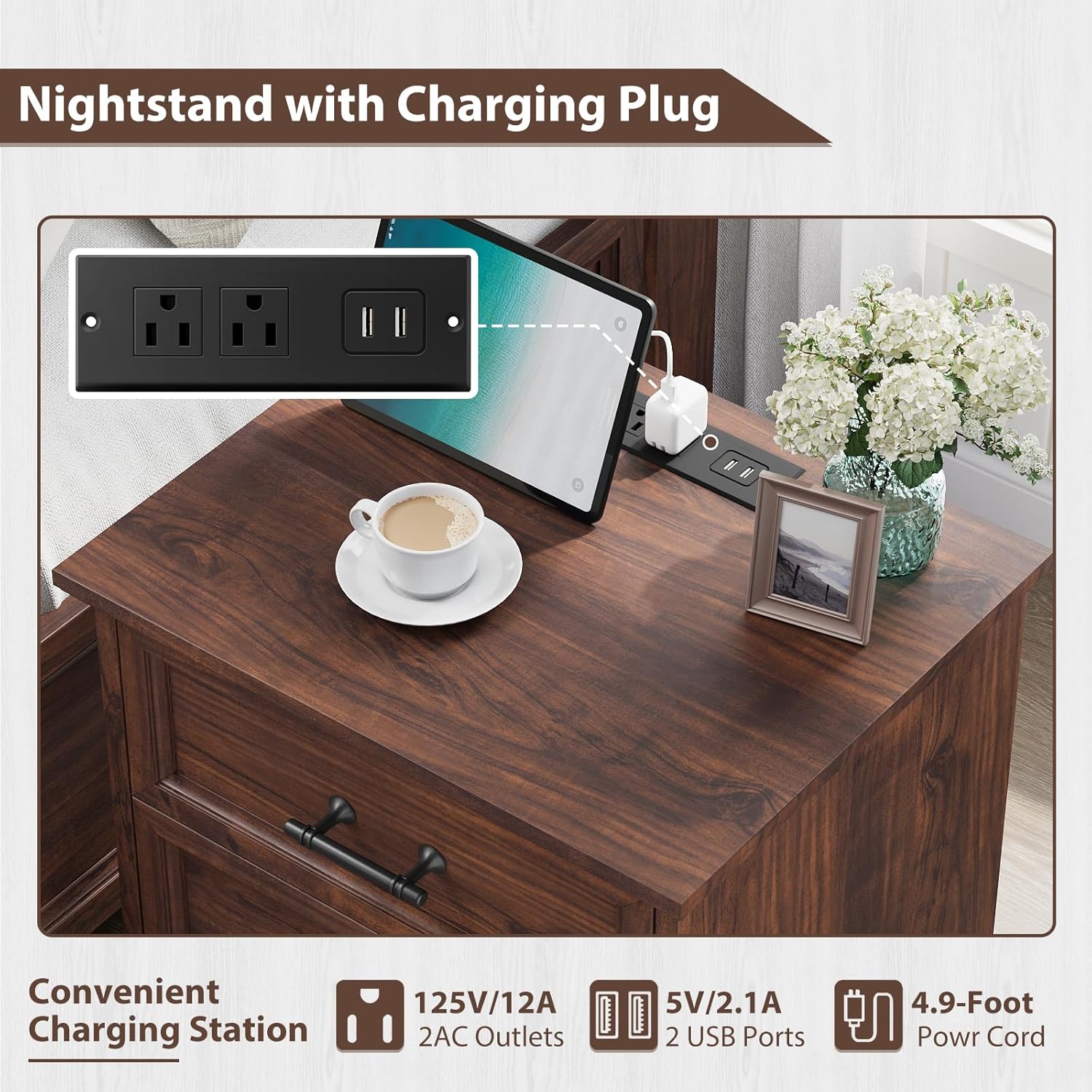 Walnut Night Stand with Charging Station, Farmhouse Bedside Table & End Table with 3 Drawers and Unique Base Design, Wood Nightstand with Metal Handles for Bedroom, Living Room