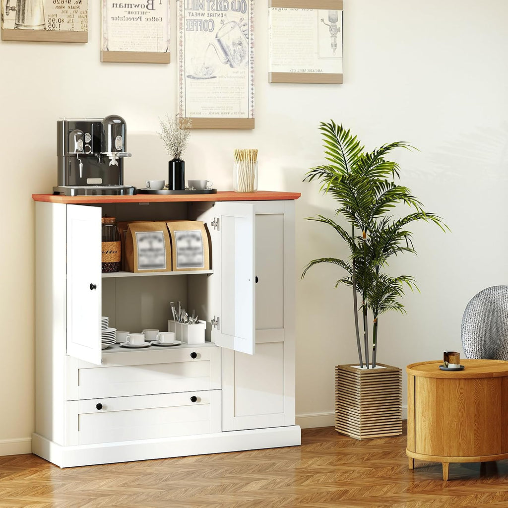 Buffet Cabinet with Storage, 47.5” Modern Sideboard with 3 Doors & 2 Drawers, Credenza for Living Room, Wooden Coffee Bar Cabinet with Removable Shelf for Kitchen Dining, White
