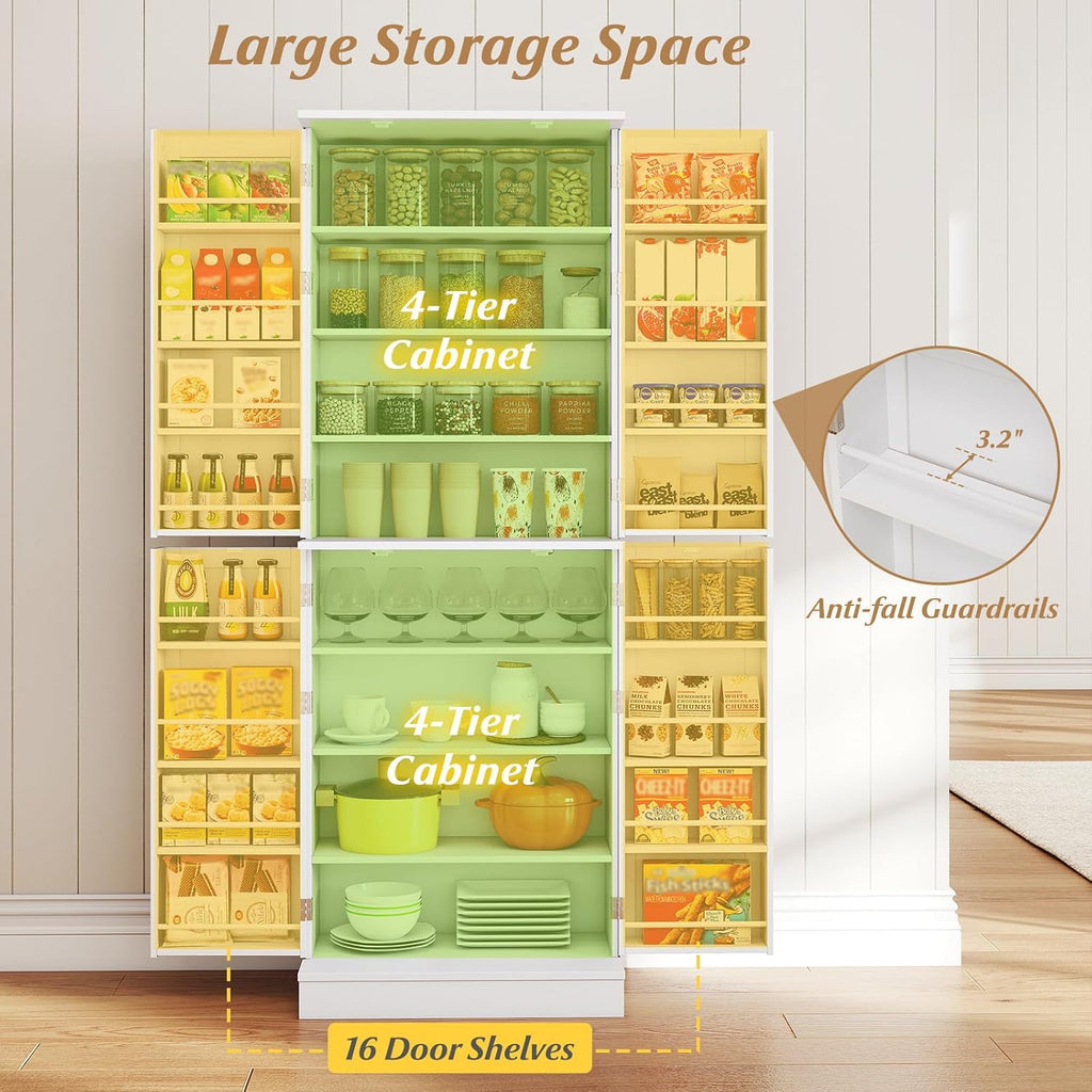65.5" Kitchen Pantry Cabinet, Freestanding Storage Cabinet with Doors and Adjustable Shelves, 16-Tier Door Shelves with Baffle, Wooden Buffet Cupboard for Dining Room Living Room (White)