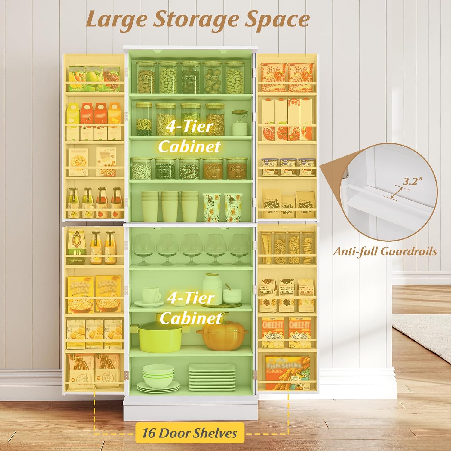 65.5" Kitchen Pantry Cabinet, Freestanding Storage Cabinet with Doors and Adjustable Shelves, 16-Tier Door Shelves with Baffle, Wooden Buffet Cupboard for Dining Room Living Room (White)