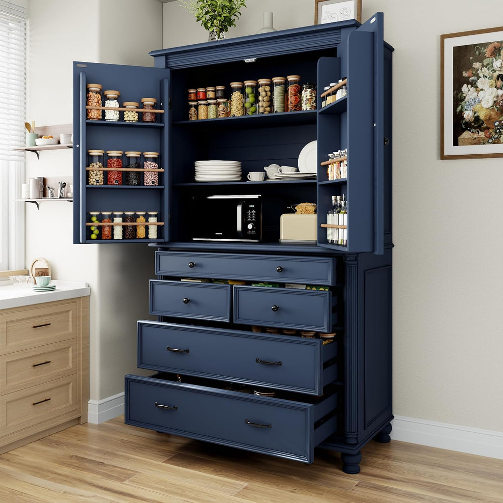 Polibi Large Freestanding Kitchen Pantry, 43.3"x20"x77.3" Tall Storage Cabinet with 5 Drawers, 2 Adjustable Shelves & 6 Door Shelves, Vintage Blue Cupboard for Organization