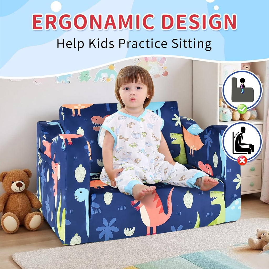 Kids Couch Sofa Toddler Sofa Dinosaur 2-in-1 Foldable Toddler Couch Bed Flip Open Kids Chair for Playroom Bedroom Gift Boys Girls