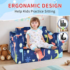 Kids Couch Sofa Toddler Sofa Dinosaur 2-in-1 Foldable Toddler Couch Bed Flip Open Kids Chair for Playroom Bedroom Gift Boys Girls