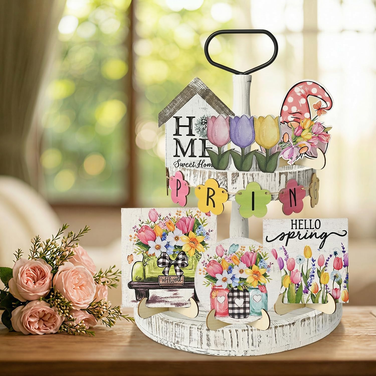 Smile Spring Wooden Decor Flower Floral Farmhouse Table Tray Home Kitchen, Spring Indoor Decoration