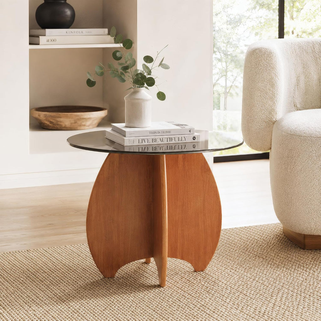 Modern Round Side Table for Living Room, 19.7" Glass Top End Table | Coffee Table with Walnut Rubber Wood Sculptural Petal Base for Living Room Sofa Corner Bedroom