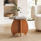 Modern Round Side Table for Living Room, 19.7" Glass Top End Table | Coffee Table with Walnut Rubber Wood Sculptural Petal Base for Living Room Sofa Corner Bedroom