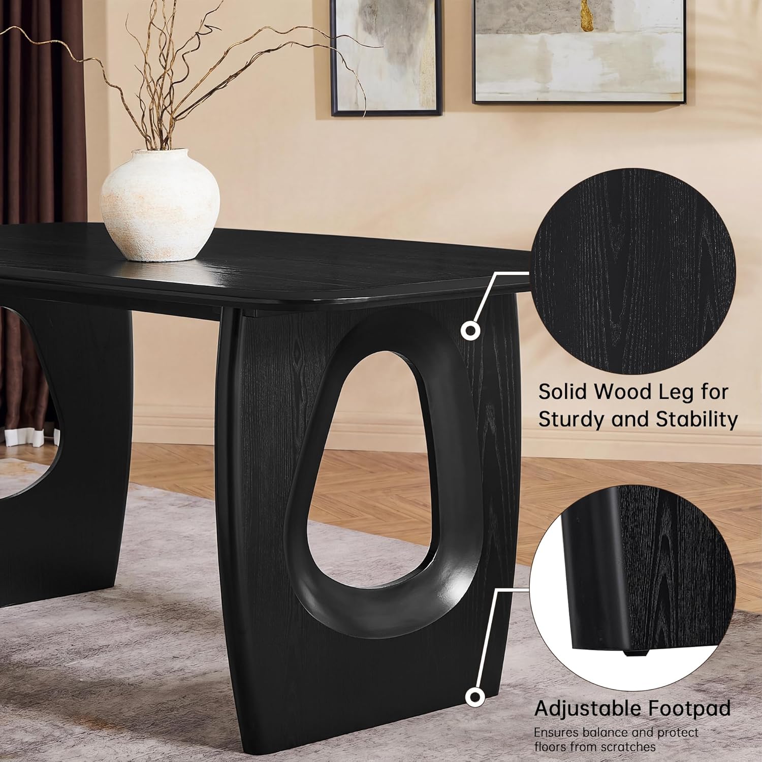 Morden Fort Modern Dining Table Set for 6, 68'' Rectangle Dining Table with 6 Chairs with Arms, Kitchen Table with Pedestal Base, Dinner Table for Dining Room, Kitchen, Living Room (Black)