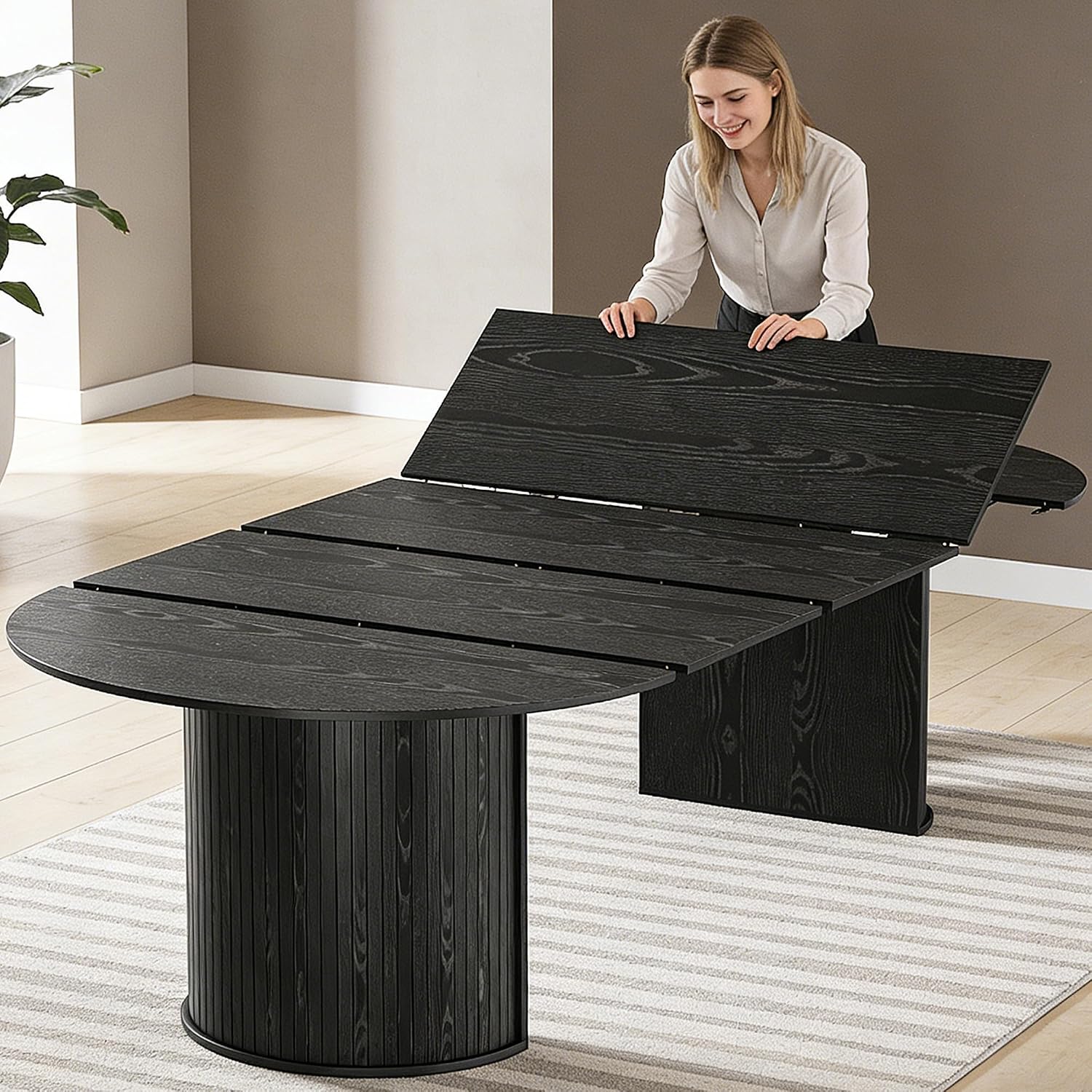 AF ARTISAN FURNITURE 105" Oval Extendable Dining Table for 4-10, MDF Tabletop with Fluted Column Base, Mid-Century Modern Kitchen Table for Dining Room or Office, Extends 45"-105", Black
