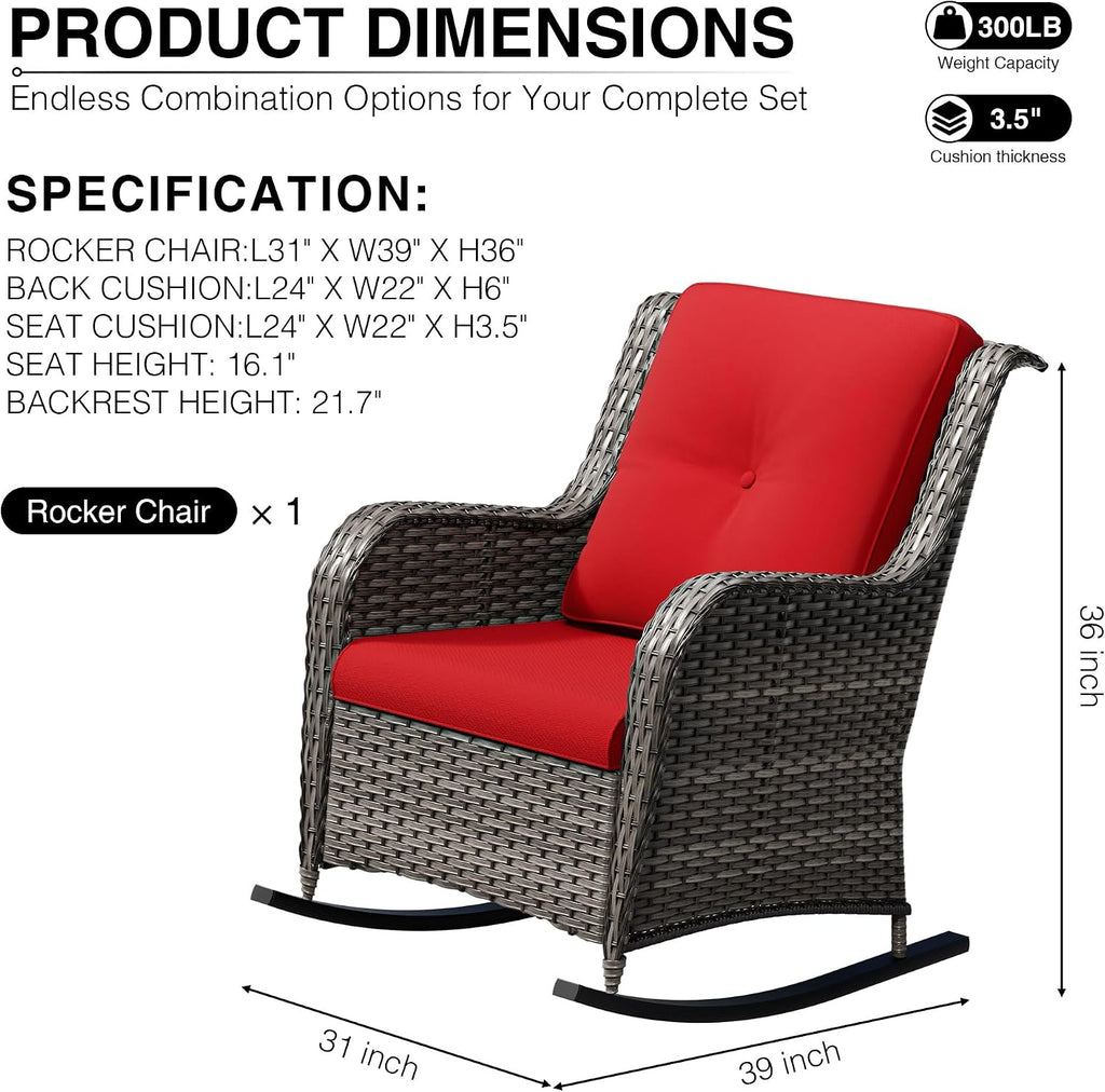 Joyside Outdoor Rocking Chair, Wicker Patio Furniture with High Back, Deep Seating, Wide Armrest, Thickened Cushions, Outdoor Rattan Furniture for Deck, Porch Use