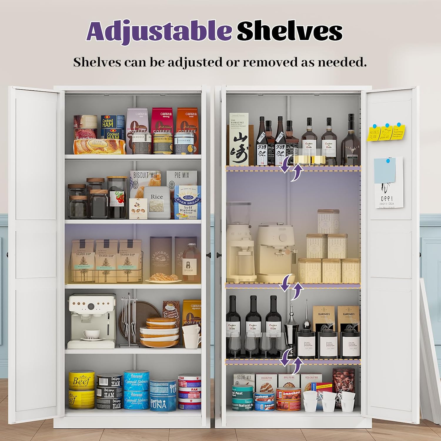 71"Kitchen Pantry Cabinet,White Metal Pantry Cabinet with 2 Doors & 4 Adjustable Shelves,Pantry Cabinets with Gold/Black Handles,Kitchen Cabinet for Dinging Room,Living Room,Assembly Required