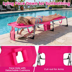 LDAILY Tanning Chair, Portable Sun Bathing Beach Chairs with Face Hole, Arm Cutouts & Storage Pocket, Lounge Chair Outdoor with 4 Adjustable Positions for Patio, Poolside, Lawn, Camping (Pink)