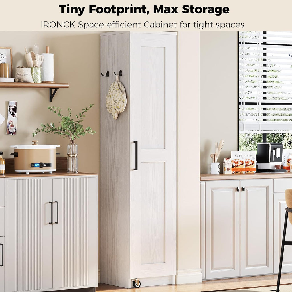 IRONCK Narrow Kitchen Pantry Storage Cabinet, 72" Slim Single Door with 6 Adjustable Shelves, Door Rack and Wheels, Space Saving Freestanding Storage Floor Cabinet for Small Place, White