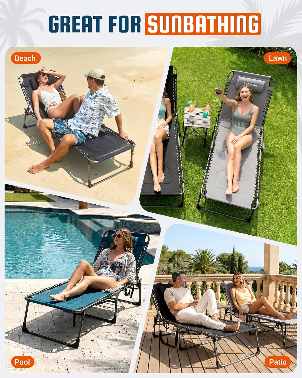 KingCamp Oversized Tanning Chair Padded Lounge Chair, Black | Extra-Wide Padded, Folding Chase Lounge, Portable Adjustable 5-Position, 440lbs Heavy Duty