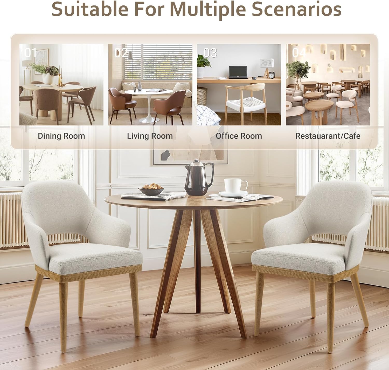 MALOL Wooden Dining Chairs Set of 2, Modern Fabric Upholstered Dining Room Chair, Kitchen Side Chairs, Farmhouse Dinner Chair with Open Back for Kitchen, Beige