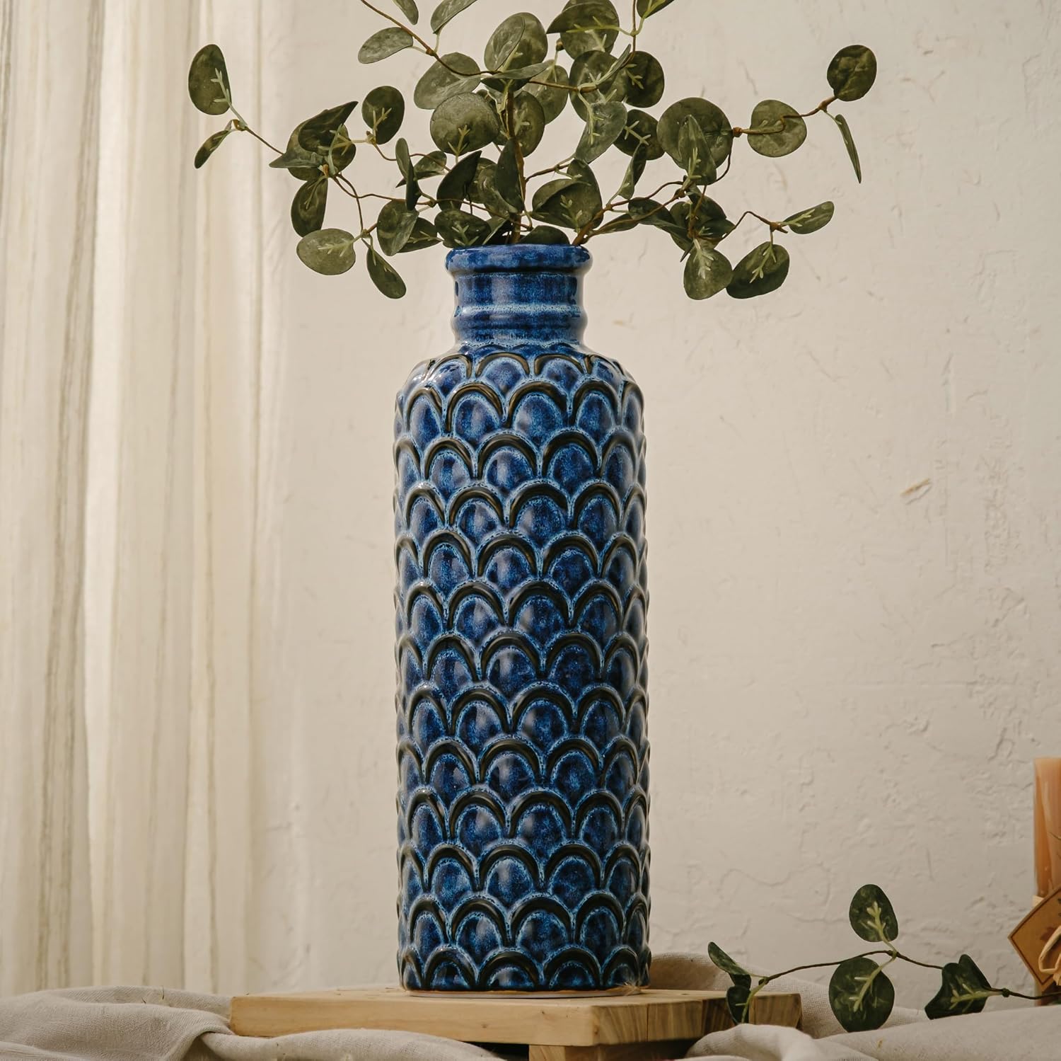 Ceramic Flower Vase,13.98" Tall Vintage Blue Pottery Vase for Home Decor, Rustic Textured Vase for Pampas Grass, Living Room, Entryway, Mantel, Kitchen Table