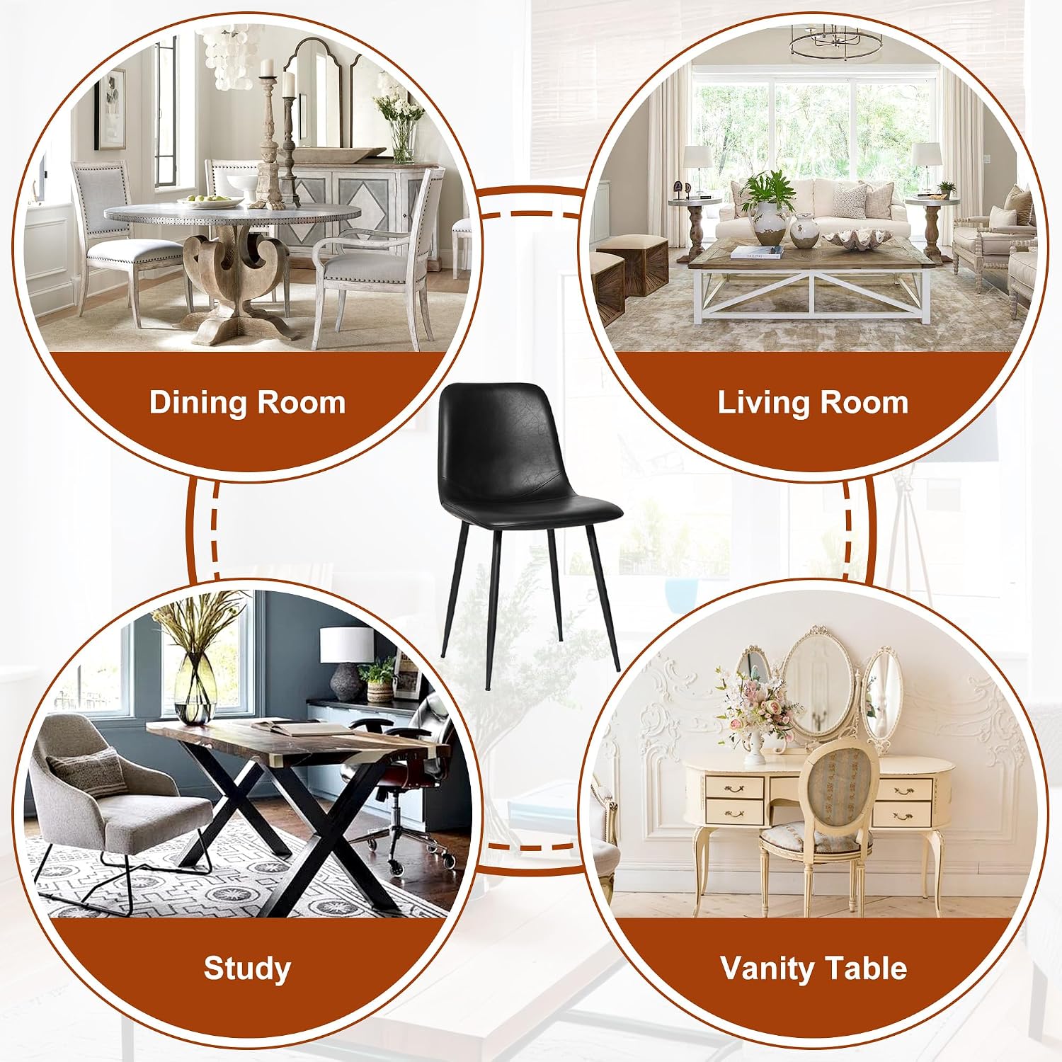 Black Dining Chairs Set of 4, Modern Faux Leather Upholstered Kitchen Side Chairs with Curved Back, Sturdy Metal Legs, for Dining Room, Living Room, Office, Black