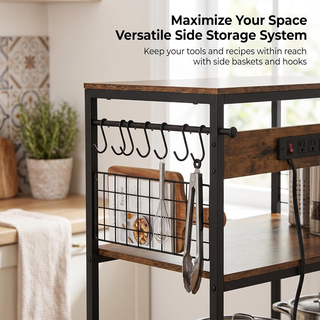 Antok Kitchen Baker's Rack with Power Outlets & USB Ports, 4-Tier Adjustable Microwave Stand, Industrial Kitchen Storage Shelf with Side Wire Baskets