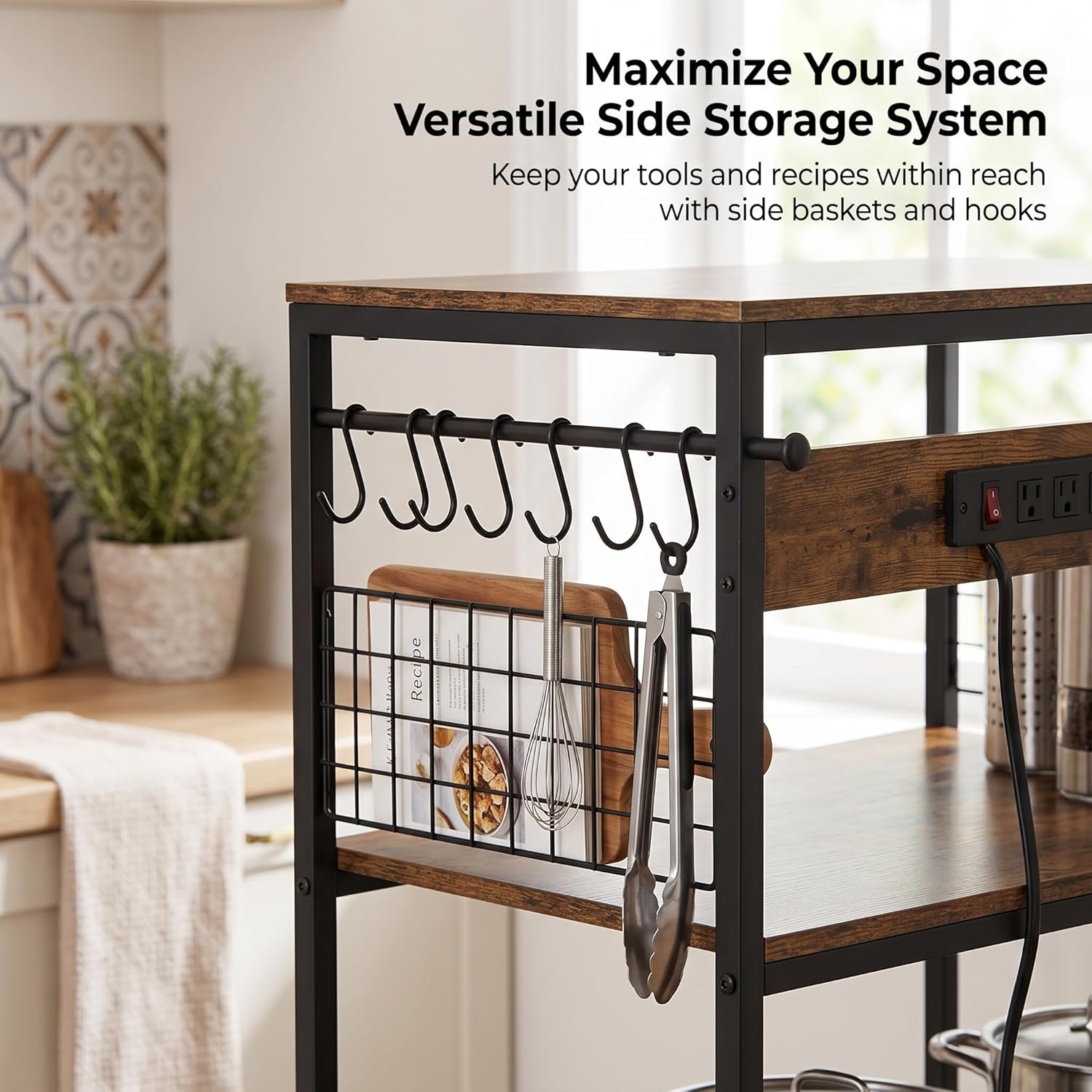 Antok Kitchen Baker's Rack with Power Outlets & USB Ports, 4-Tier Adjustable Microwave Stand, Industrial Kitchen Storage Shelf with Side Wire Baskets