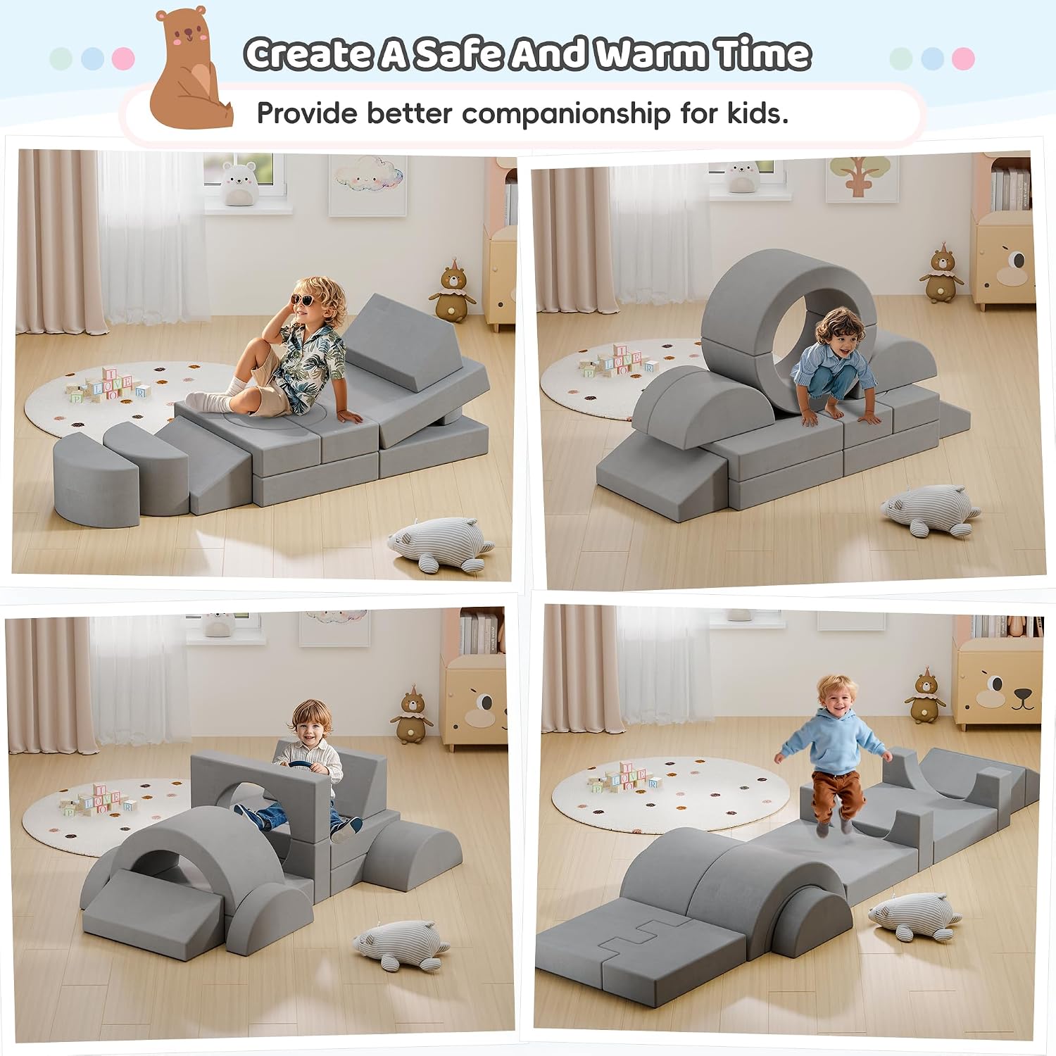 68 Inch Extra Large Modular Kids Play Couch, Toddler Foam Couch, 16Pcs Fort Pillows for Kids, Playroom Decor for Boys and Girls, Grey-Castle Wall