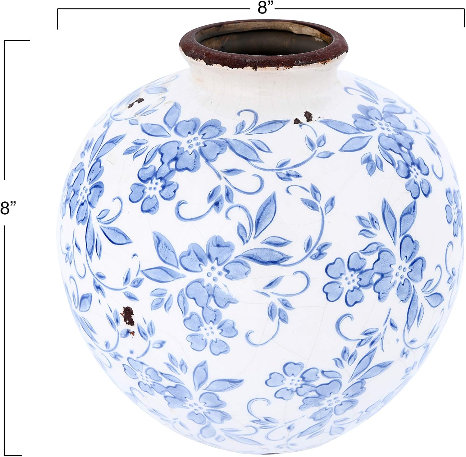 Creative Co-Op DF2720 8" H Terracotta Floral Transferware Pattern & Crackle Finish Vase, Blue