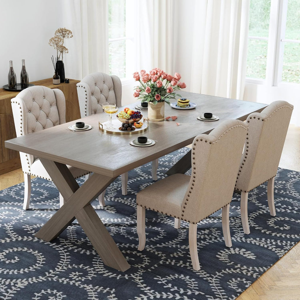 Ya-Home Modern Tufted Dining Chairs Set of 8, Upholstered Kitchen Side Accent Chairs with Wingback Nail Trims Wood Legs, Farmhouse Guest Chairs for Dining/Living Room, Linen Beige
