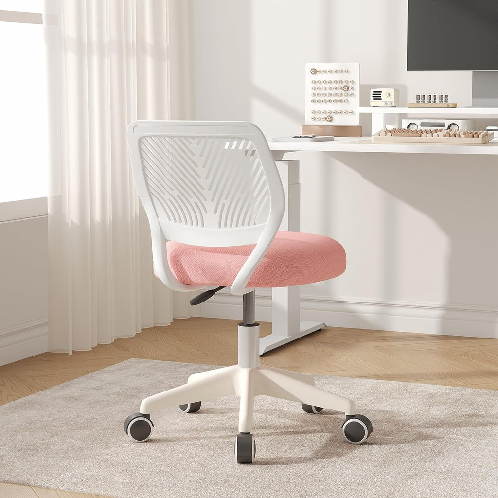 JPBSTO Armless Desk Chair, Height Adjustable Swivel Office Rolling Task Chairs with Soft Mesh Padded Cushion, Ergonomic Small Study Computer Chair for Girls Boys Teens, Pink