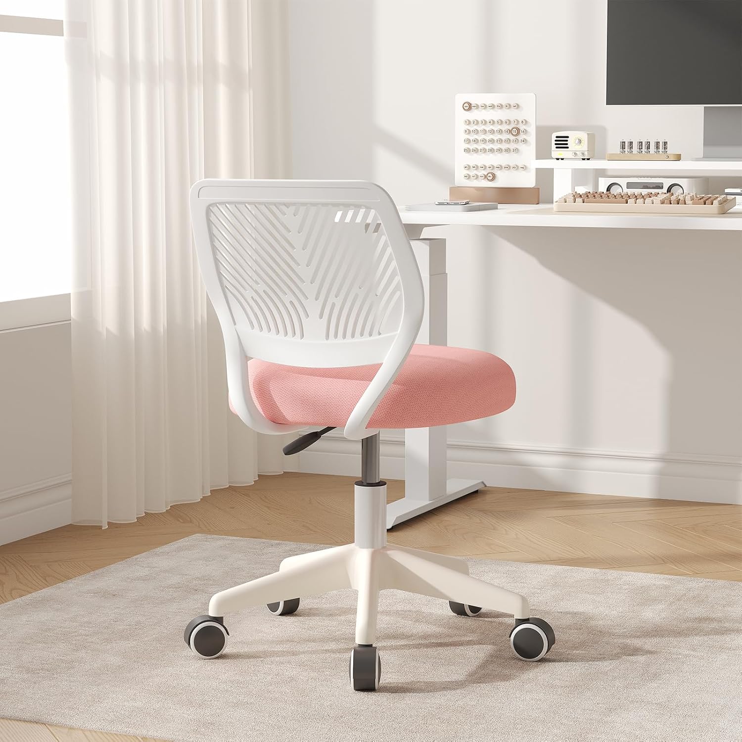 JPBSTO Armless Desk Chair, Height Adjustable Swivel Office Rolling Task Chairs with Soft Mesh Padded Cushion, Ergonomic Small Study Computer Chair for Girls Boys Teens, Pink