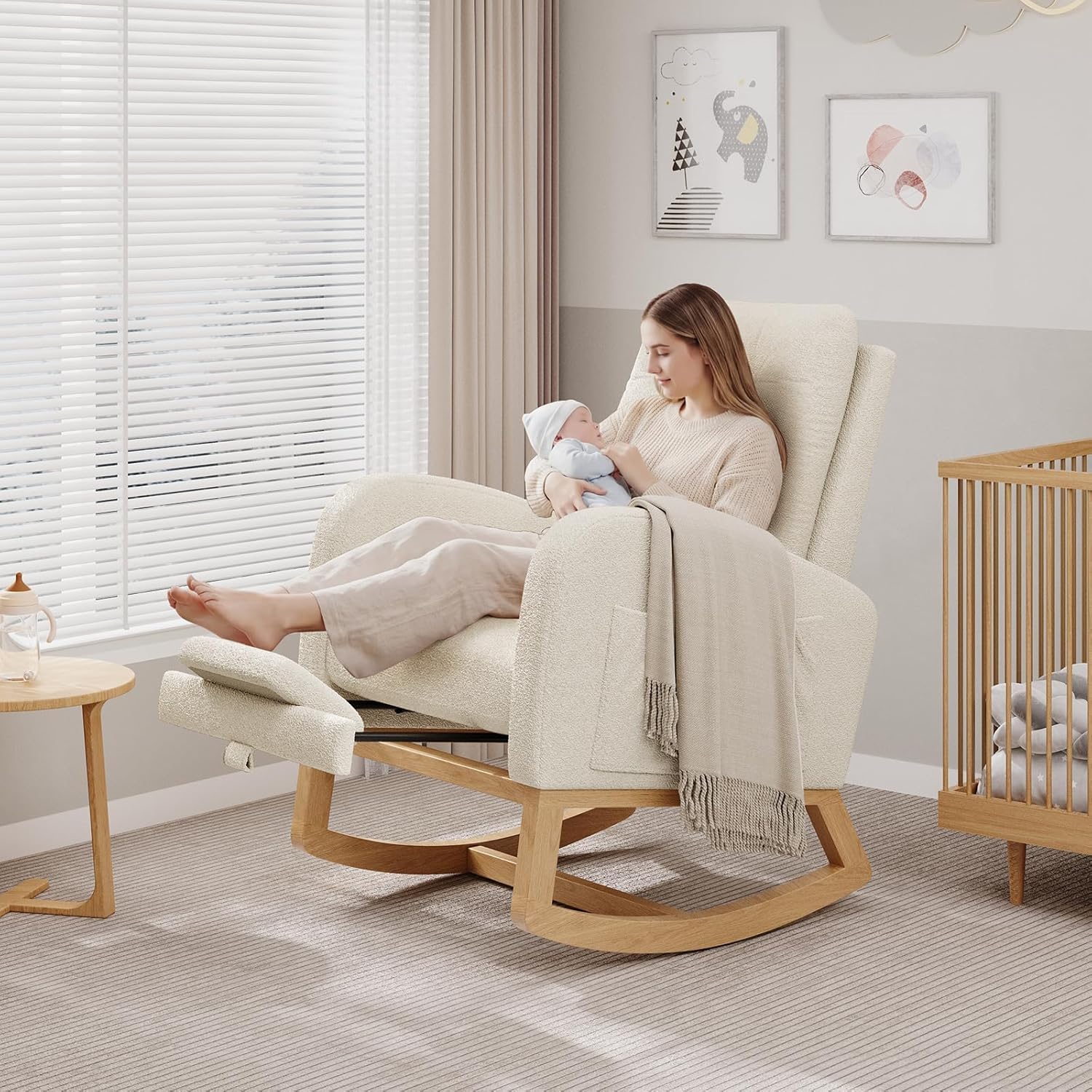 Modern Rocking Chair for Living Room, Comfortable Recliner Rocker with Side Pocket, Soft Linen Upholstered Glider Chair for Bedroom, Nursery, Lounge-Beige