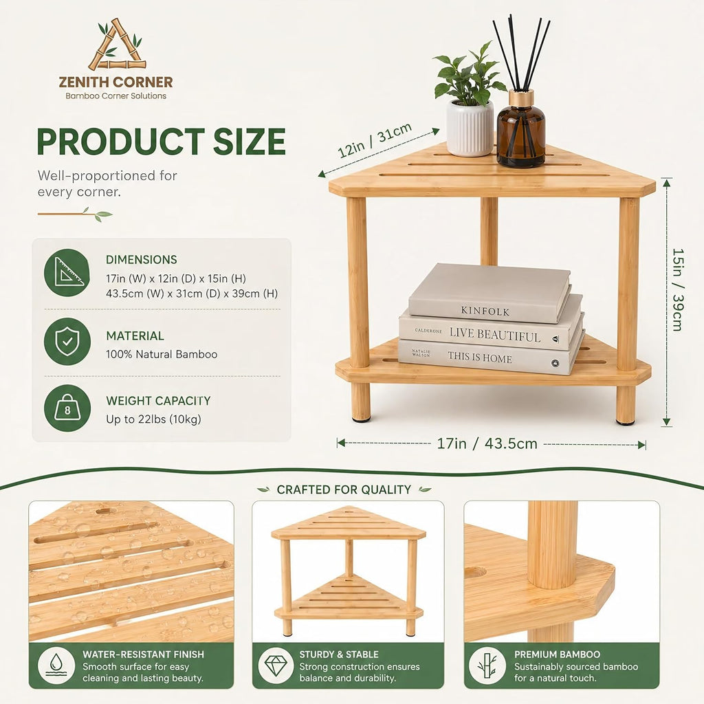 Corner Shower Stool for Shaving Legs, Corner Organizer | Waterproof, Durable, Bamboo, 2-Tier, Easy Assembly