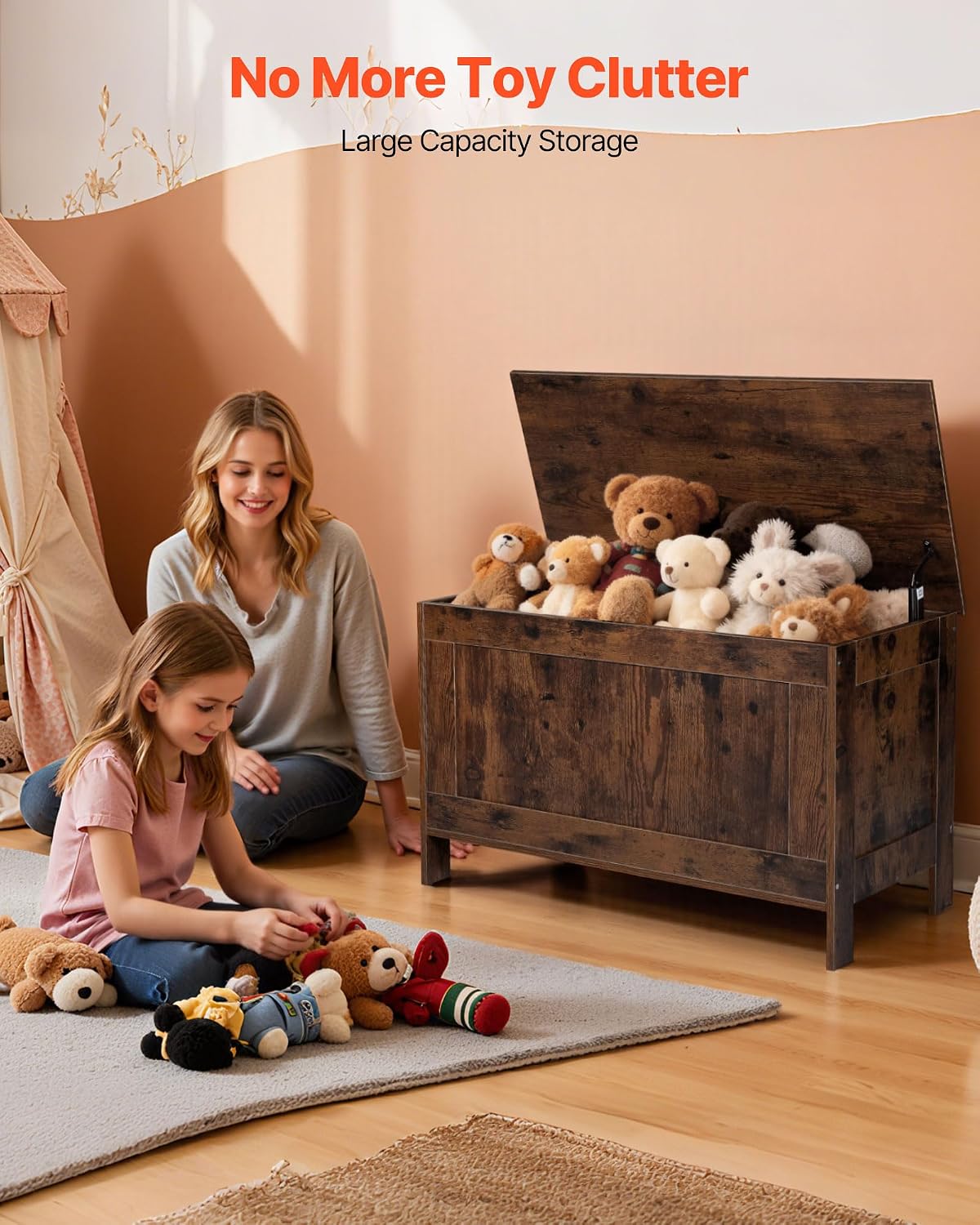 VEVOR Kids Storage Bench, Wooden Toy Box Chest, Large Storage Cabinet with Safety Hinge, Toddlers Retro Storage Bench for Playroom, Living Room or Entryway, 29.7 x 15.3 x 18.9 in, Easy Assembly, Brown