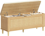 Keehusux 47.2" Rattan Storage Chest with Padded Seat Cushion, Extra Large Storage Bench with 2 Safety Hinges, Storage Trunk with Solid Wood Legs & Rounded Corners for Entryway, Bedroom, Natural Oak