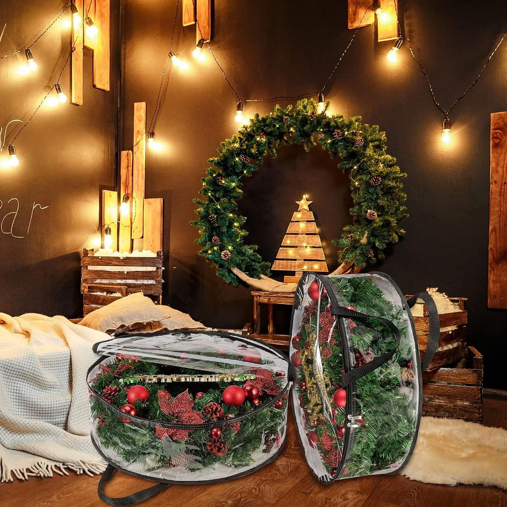 4 PCS Clear Wreath Storage Bag, 24x8 Inch Christmas Wreath Storage Container, Heavy Duty PVC Wreath Protector with Handle for Xmas Holiday Seasonal Wreath Garland (Black)