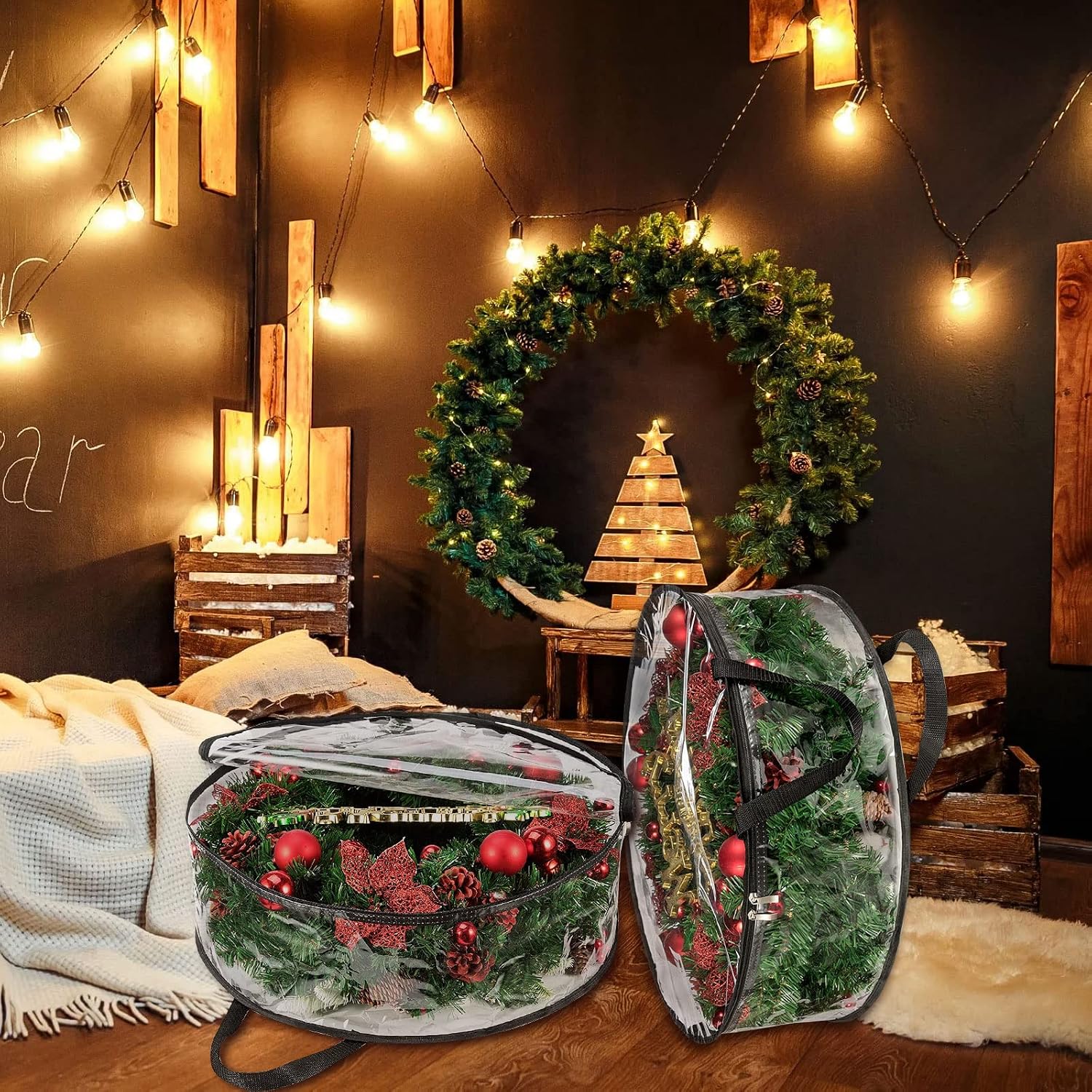 4 PCS Clear Wreath Storage Bag, 24x8 Inch Christmas Wreath Storage Container, Heavy Duty PVC Wreath Protector with Handle for Xmas Holiday Seasonal Wreath Garland (Black)
