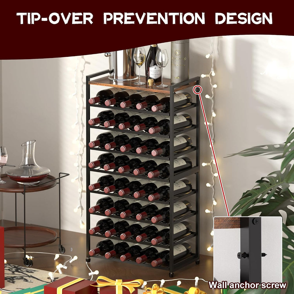 40 Bottle Wine Rack Freestanding Floor, 8-Tier Wine Storage Racks with Table Top, Detachable Wine Bottle Holder, Bar Stand Display Shelf for Kitchen, Bar, 18" L x 9.3" W x 33" H