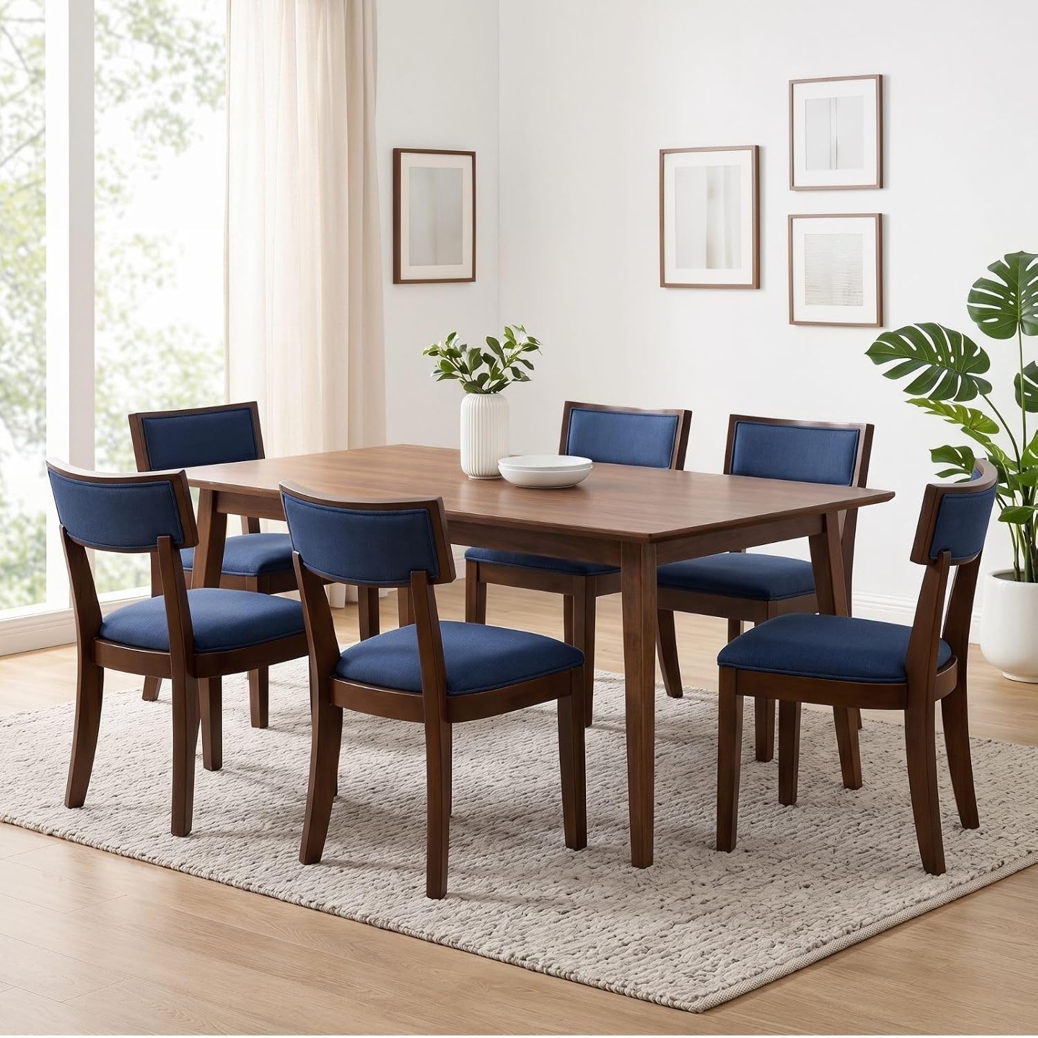 Blue Dining Chairs Set of 6, Upholstered Linen Fabric Dining Room Chairs with Curved Backrest, Armless Solid Wood Farmhouse Kitchen Side Chairs for Dining/Living Room, Blue